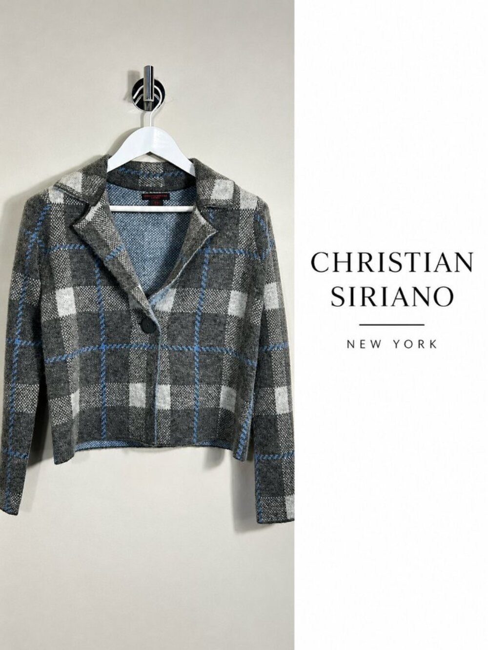 Christian Siriano New York Plaid Knit Blazer Jacket Size S NWOT Grey Blue